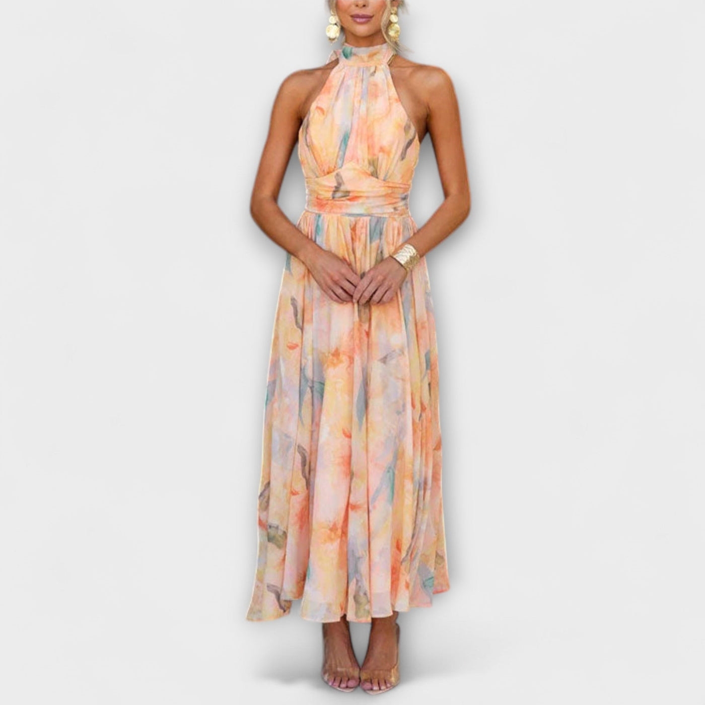 Mayfair™️| Halter-Neck Watercolour Print Maxi Dress