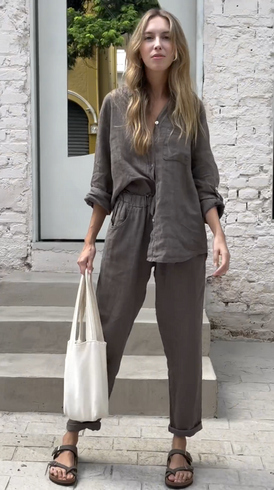 Mayfair™️ | Monica - Elegant Two-Piece Linen Shirt and Pants Set